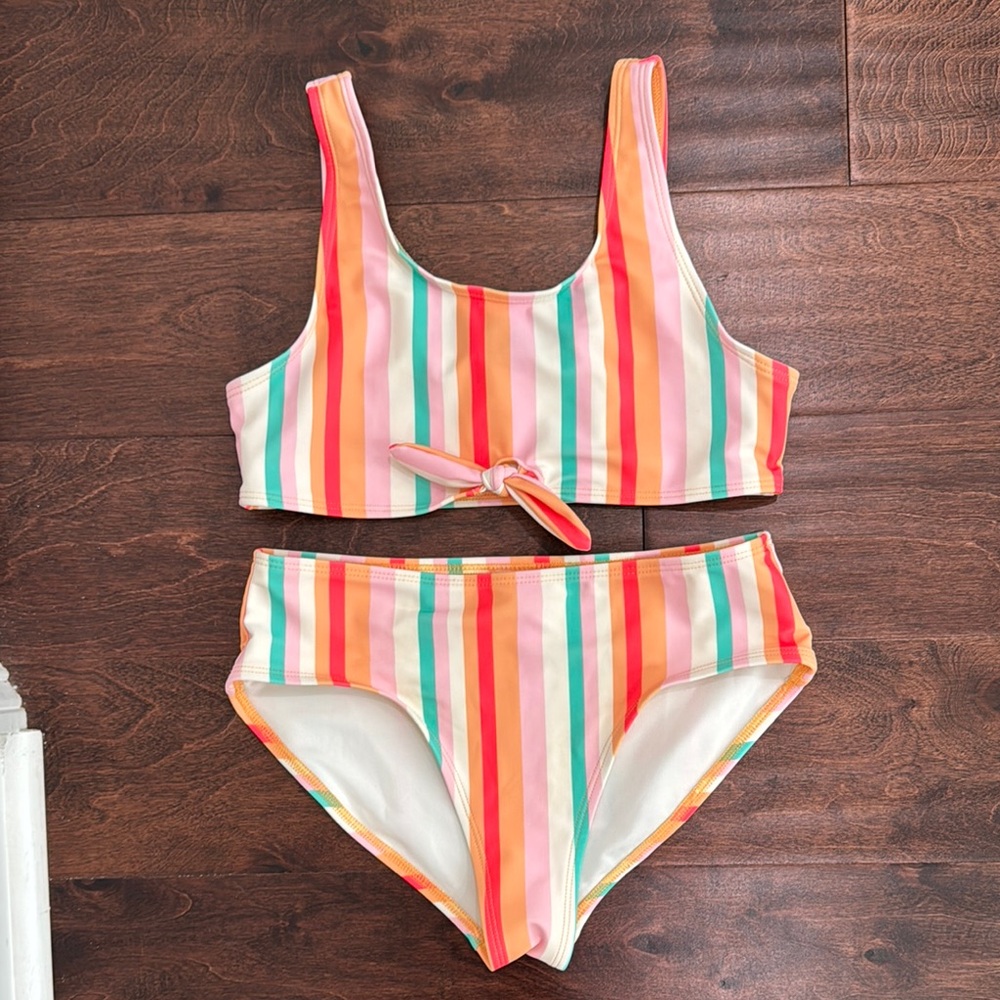 Old Navy Girls Bikini Stripes Bright Colors Knot-front top Swimsuit Bathing Suit